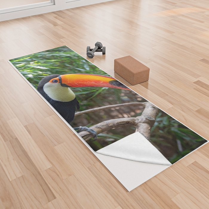 A toucan laid on a tree branch in the forest Yoga Towel