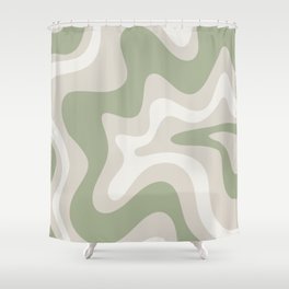 Retro Liquid Swirl Abstract Pattern Square in Almond Beige, Sage Green, and Cream Shower Curtain
