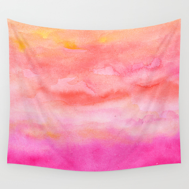 Bright Pink Orange Sunset Watercolor Hand Painted Wall Tapestry By