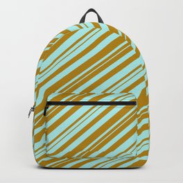 [ Thumbnail: Dark Goldenrod & Turquoise Colored Lines/Stripes Pattern Backpack ]