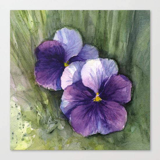 Purple Pansies Watercolor Flowers Painting Violet Floral Art Canvas Print