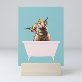 Playful Highland Cow in Bathtub Mini Art Print