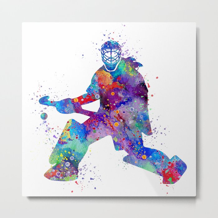 Girl Field Hockey Goalie Watercolor Print Sports Art Gifts Painting Home Decor Metal Print