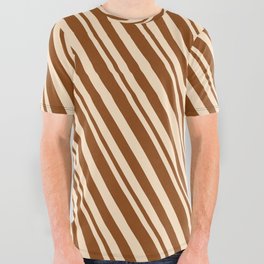[ Thumbnail: Bisque and Brown Colored Lines Pattern All Over Graphic Tee ]