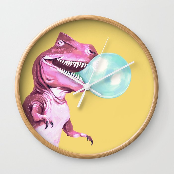 Bubble Gum Pink T-rex in Yellow Wall Clock