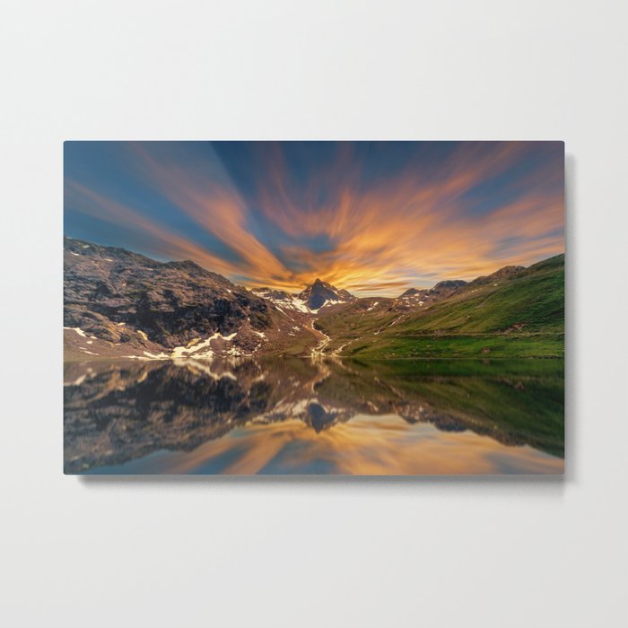 Lake surrounded by mountains cristal clear water with reflection of sky with yellow cloud in the Metal Print