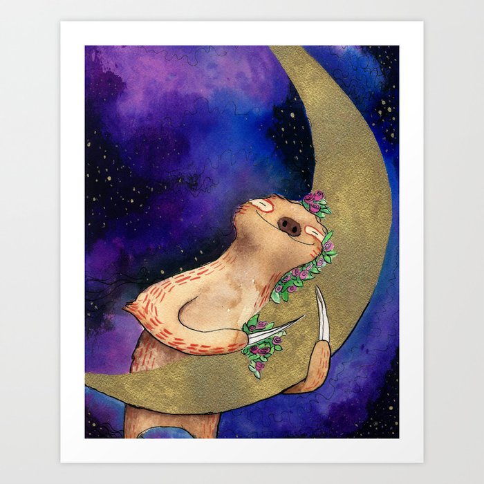 Sloth Hugs Moon Art Print
