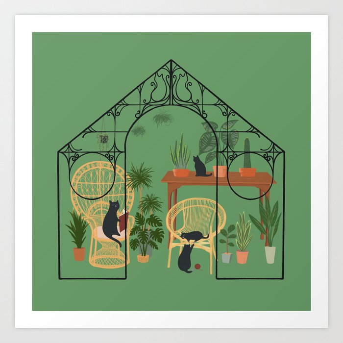 Meow on Chair 2 Green cat and plant glasshouse Art Print