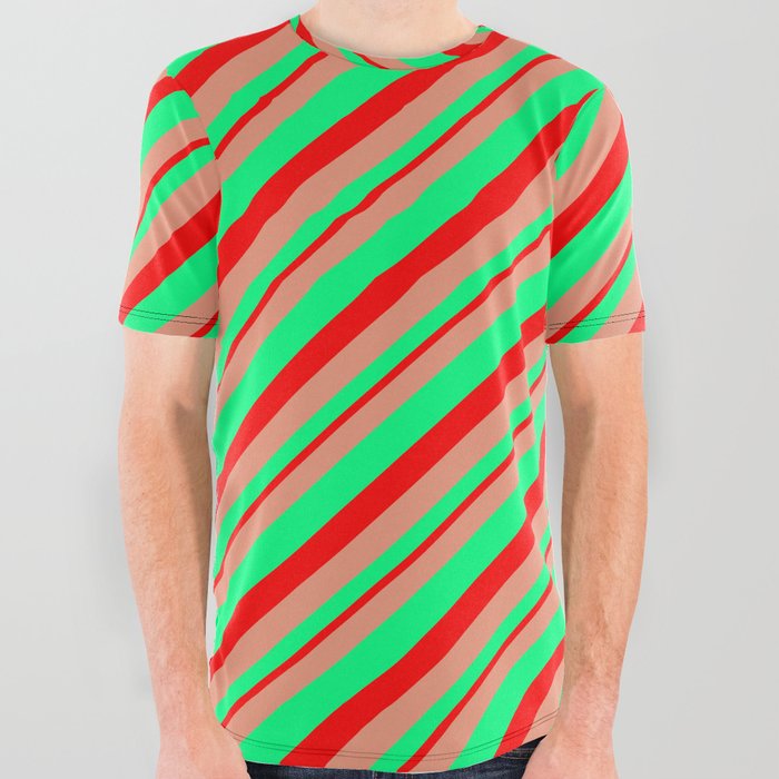Dark Salmon, Green & Red Colored Striped Pattern All Over Graphic Tee