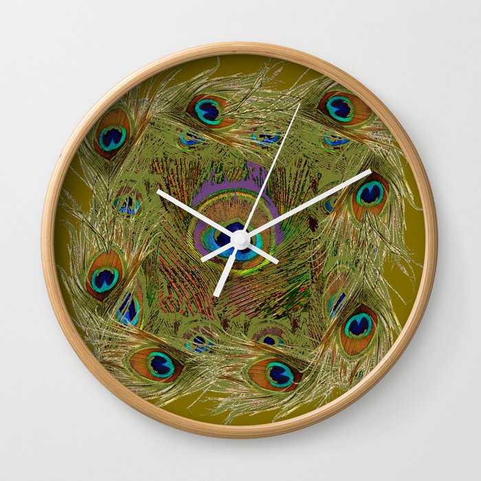 Avocado Color Peacock Feathers Art Design Wall Clock