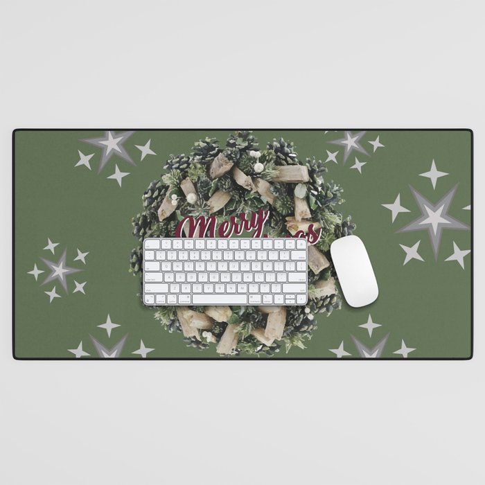 Merry Christmas Typography wit wreath green Desk Mat