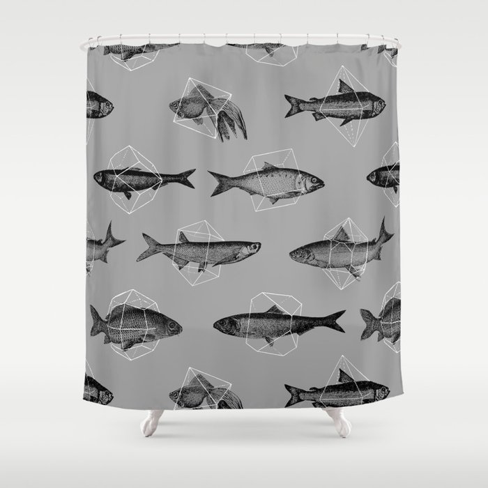 Fishes In Geometrics (Grey) Shower Curtain