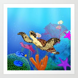 Marine Turtle Swimming Over a Coral Reef Art Print
