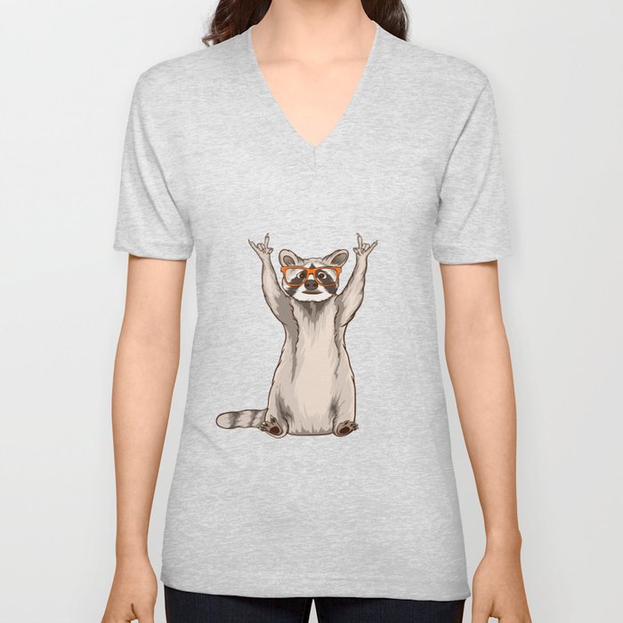 Raccoon In Sunglasses Showing A Rock Sign V Neck T Shirt