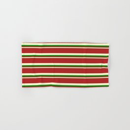 [ Thumbnail: Red, Light Yellow, and Green Colored Striped/Lined Pattern Hand & Bath Towel ]