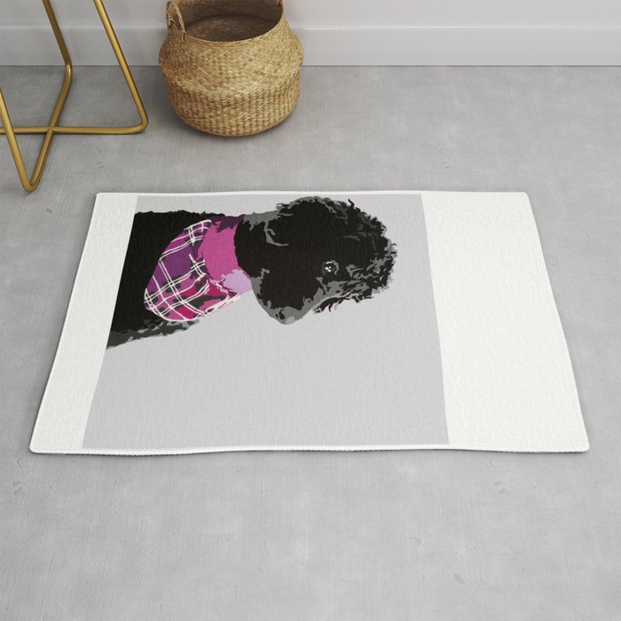 Black Standard Poodle in Grey and Pink Rug