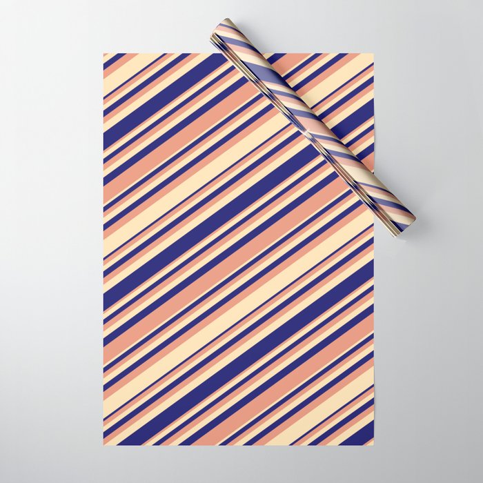 Dark Salmon, Beige, and Midnight Blue Colored Pattern of Stripes Wrapping Paper