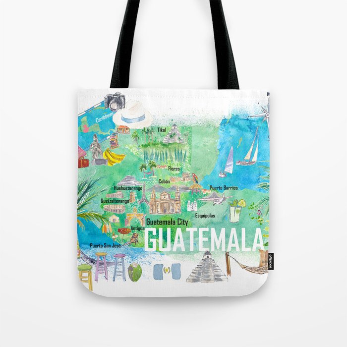 Guatemala Illustrated Travel Map with Roads and Tourist Highlights Tote Bag