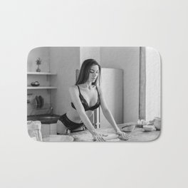 Be a cook in the kitchen, maid in the living room & whore in the bedroom black and white photograph - photography by Vitalik Radko Bath Mat | Nude, White, Photographs, Black And White, Lingerie, Female, Sexy, Cookinthekitchen, Girlpower, Black 