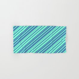 [ Thumbnail: Blue & Aquamarine Colored Striped/Lined Pattern Hand & Bath Towel ]