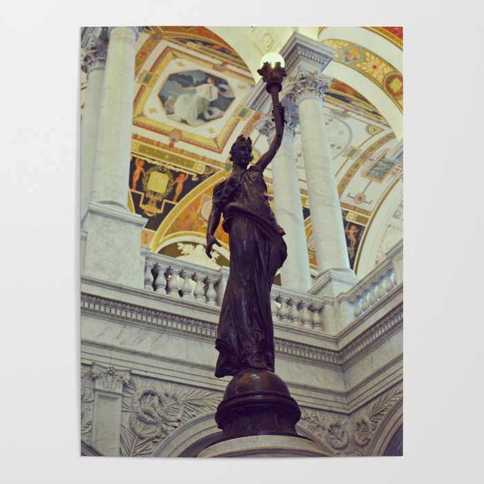 Great Hall in Thomas Jefferson building of Library of Congress | Washington DC | Bronze statue with lantern  Poster