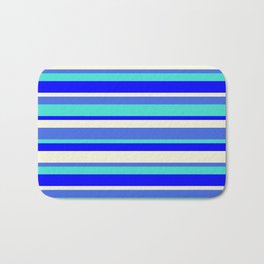 [ Thumbnail: Royal Blue, Turquoise, Blue & Beige Colored Lined Pattern Bath Mat ]