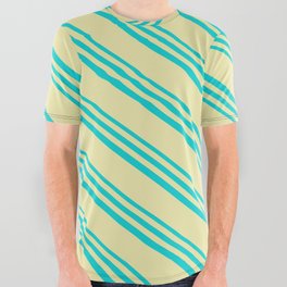 [ Thumbnail: Dark Turquoise and Pale Goldenrod Colored Lines/Stripes Pattern All Over Graphic Tee ]