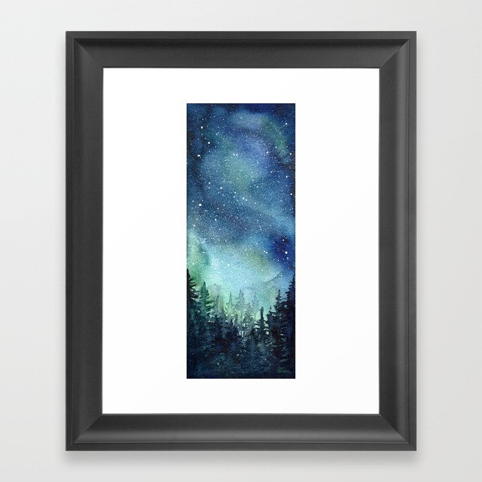 Galaxy Watercolor Aurora Borealis Painting Framed Art Print