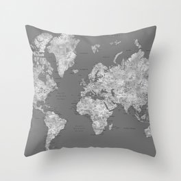 Dark gray watercolor world map with cities Throw Pillow