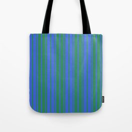 [ Thumbnail: Royal Blue & Sea Green Colored Stripes/Lines Pattern Tote Bag ]