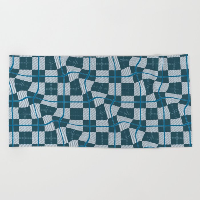 Warped Checkerboard Grid Illustration Peacock Blue Teal Beach Towel