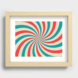 Retro background with curved, rays or stripes in the center. Rotating, spiral stripes. Sunburst or sun burst retro background. Turquoise and red colors. Vintage illustration Recessed Framed Print