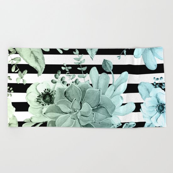 Simply Succulent Garden Striped in Turquoise Green Blue Gradient Beach Towel
