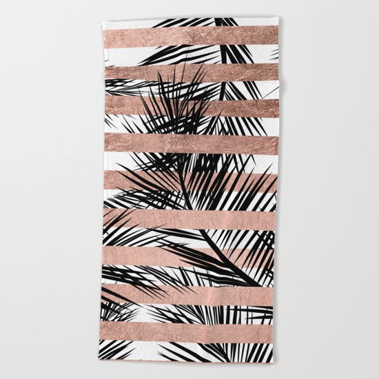 Trendy tropical palm trees chic rose gold stripes Beach Towel