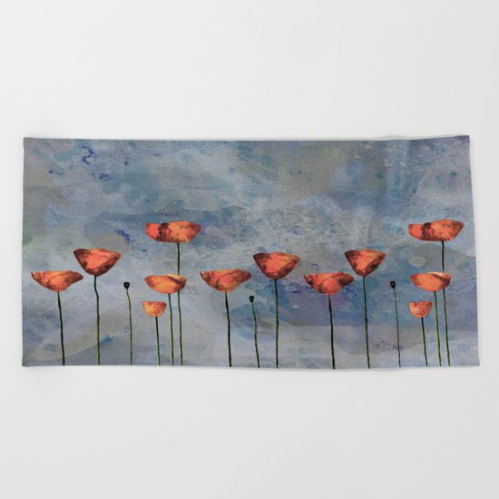 Poppyfield against the blue sky- abstract watercolor artwork Beach Towel