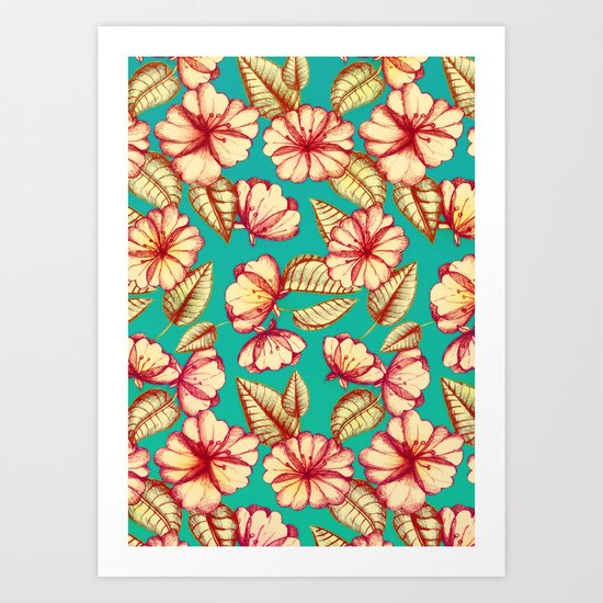 Retro style Rust & Teal Hand drawn Floral Pattern Art Print