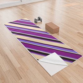 [ Thumbnail: Purple, Medium Slate Blue, Beige, and Black Colored Striped/Lined Pattern Yoga Towel ]