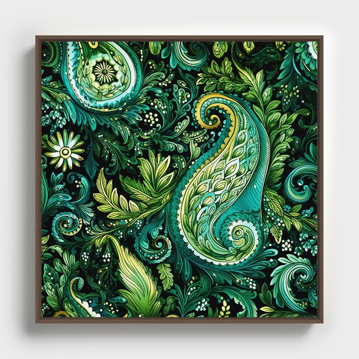 Emerald Turquoise Mint Winter Garden Paisley Floral Framed Canvas