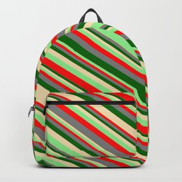 [ Thumbnail: Eyecatching Light Green, Red, Gray, Dark Green, and Tan Colored Lined/Striped Pattern Backpack ]