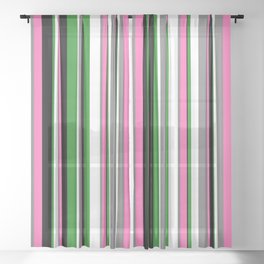 [ Thumbnail: Eyecatching Black, Hot Pink, Gray, White, and Forest Green Colored Stripes/Lines Pattern Sheer Curtain ]