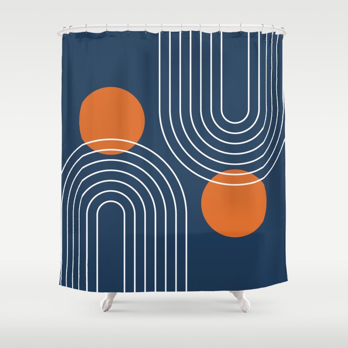 Mid Century Modern Geometric 83 in Navy Blue and Orange (Rainbow and Sun Abstraction) Shower Curtain