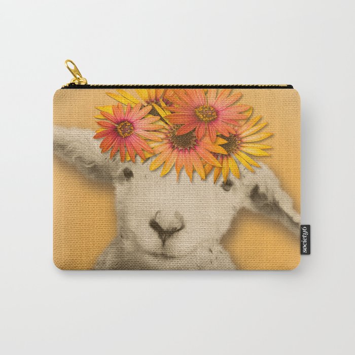 Daisies Sheep Girl Portrait, Mustard Yellow Texturized Background Carry-All Pouch