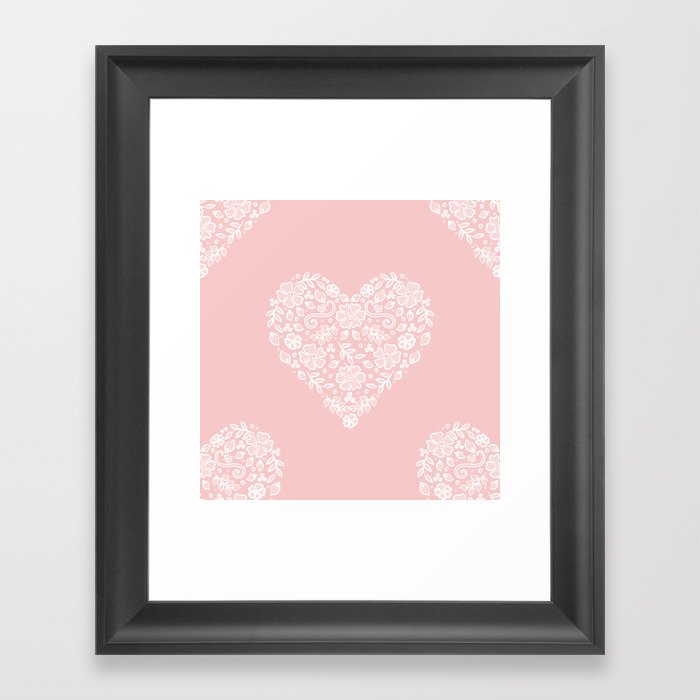 Millennial Pink Blush Rose Quartz Hearts Lace Flowers Pattern Framed Art Print