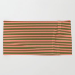 [ Thumbnail: Salmon and Dark Olive Green Colored Striped Pattern Beach Towel ]