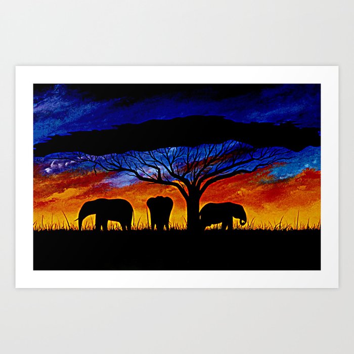 Sunset Elephants Art Print