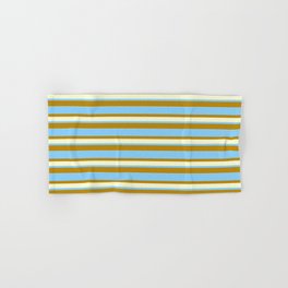 [ Thumbnail: Light Sky Blue, Dark Goldenrod, and Light Yellow Colored Lined/Striped Pattern Hand & Bath Towel ]