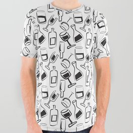 Wine Lovers Illustrated Wine Glasses and Wine Bottles All Over Graphic Tee