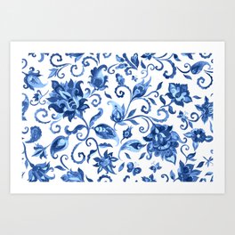 Elegant Oriental Blue & White Paisley Floral Art Print