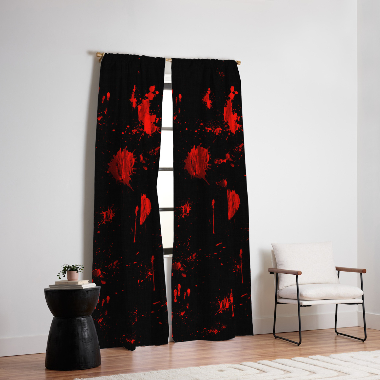 Red Paint Blood Splatter On Black Blackout Curtain By