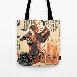 A Cat dressed as a Woman tapping the Head of an Octopus by Utagawa Kuniyoshi Tote Bag